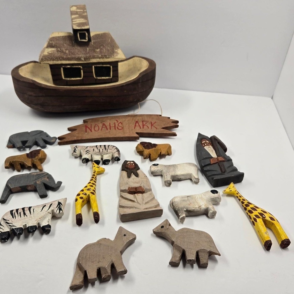Vintage Hand Carved Wooden Noahs Ark Folk Art Animal Set As Is